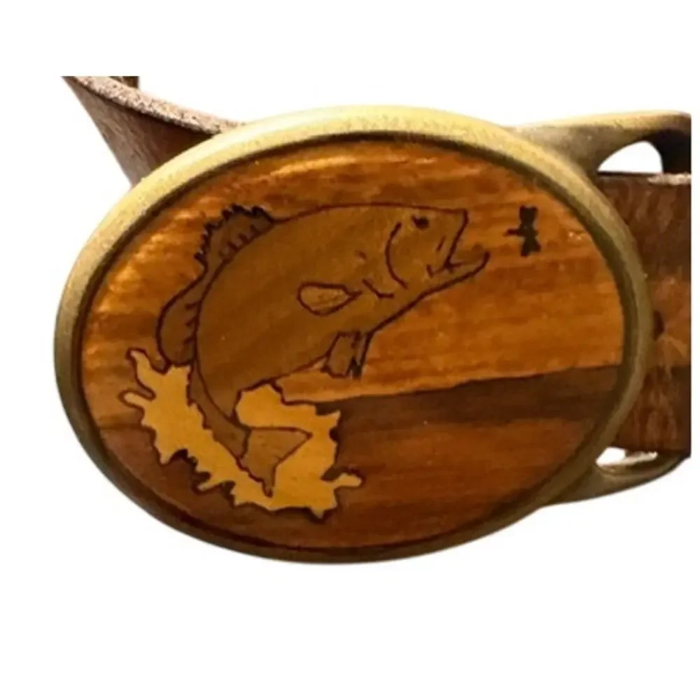 Solid Brass Bass Fish Buckle Brown Genuine Leather Belt Size 34 Fishing Outdoors